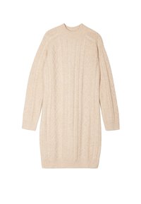 Robe en tricot de couleur beige clair, mettant en avant un motif en câble épais, un col rond et des manches longues avec des poignets et un ourlet côtelés.