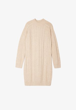 Strickkleid in einem hellbeigen Farbton, mit einem groben Zopfmuster, rundem Halsausschnitt und langen Ärmeln mit gerippten Bündchen und Saum.