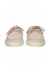 Pair of light pink suede casual shoes with laces and white rubber soles viewed from front on white background.