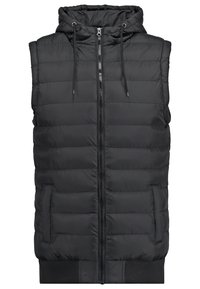 Veste noire matelassée sans manches avec fermeture éclair à l'avant, capuche avec cordons et poches latérales.