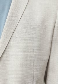 Hellbeige strukturierte Blazer mit einem subtilen Gittermuster, ausgestattet mit einem Reverskragen und einer nahtlosen Tasche, über einem hellblauen Hemd getragen.