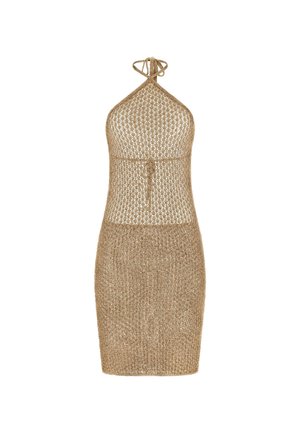 Bezrekawnikowy beżowy szydełkowy top z wiązaniem na szyi i dopasowaną spódnicą do kolan.