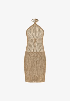 Sleeveless tan crochet halter neck dress with a tie at the waist and a fitted knee-length skirt.