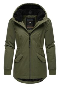 Olive green weather-resistant jacket with a fleece-lined hood, two front pockets, zipper closure, and patterned inner lining.