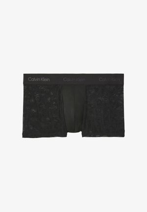 Czarne bokserki męskie z przezroczystymi bokami w panterkę i jednolitym środkiem, wyposażone w czarną gumę z powtarzającym się logo Calvin Klein.