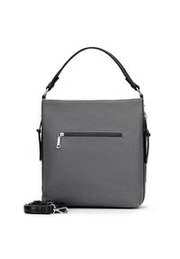 Šedá obdélníková taška s texturovaným povrchem, horní rukojeť, odnímatelný černý popruh a přední kapsa na zip se stříbrným kováním.