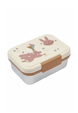 Bento box s krémovým vekom s ružovými motívmi zajačika a šarkana, plastovým vrchom a nerezovou základňou, zabezpečený hnedým zapínaním.