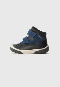 Waterdichte mid-top laarzen van blauw suède en zwart synthetisch materiaal, met twee klittenbandsluitingen en een getextureerde rubberen zool.
