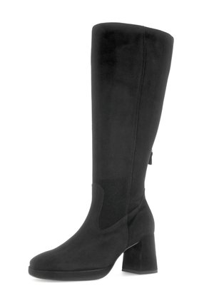 Black knee-high boot in soft suede material with a square block heel. Features a side zipper and a fitted design with no visible embellishments.