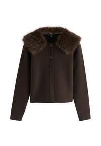 Bruine wolcardigan met een nep-bont kraag, knoopsluiting aan de voorkant, lange mouwen en een vierkante snit. Glad textuur met een subtiele glans.