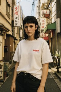 Νεαρός με κοντά σκουρόχρωμα μαλλιά φοράει λευκό μπλουζάκι με την επιγραφή "RAMEN" και στέκεται σε στενό δρόμο με ιαπωνικές πινακίδες και ποδήλατα.