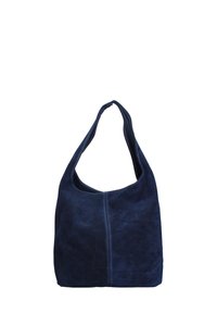 Marineblauwe suède hobo tas met een enkele schouderriem, voorzien van een voornaad detail en een gladde textuur. Eenvoudig en functioneel ontwerp.