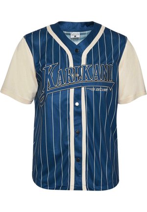 Modrá a krémová krátkopyjová baseballová dres s vertikálnymi pruhmi, na prednej strane vyšívaný text "KARL KANI" a čierne gombíky.