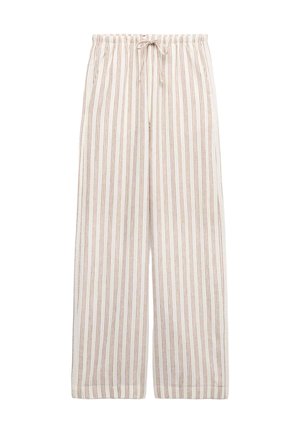 Weiße locker sitzende Hose mit vertikalen beigen Streifen, elastischem Bund und vorderem Kordelzug.
