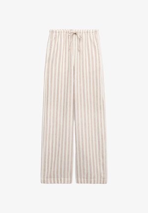 Weiße locker sitzende Hose mit vertikalen beigen Streifen, elastischem Bund und vorderem Kordelzug.