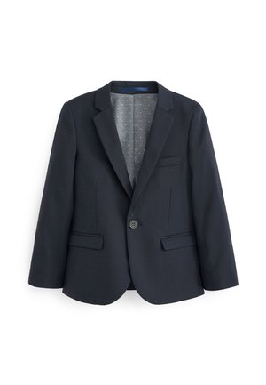 Blazer bleu marine en tissu lisse, doté d'un revers en pointe, de deux poches avant et d'une fermeture à bouton. L'intérieur présente un motif à pois.