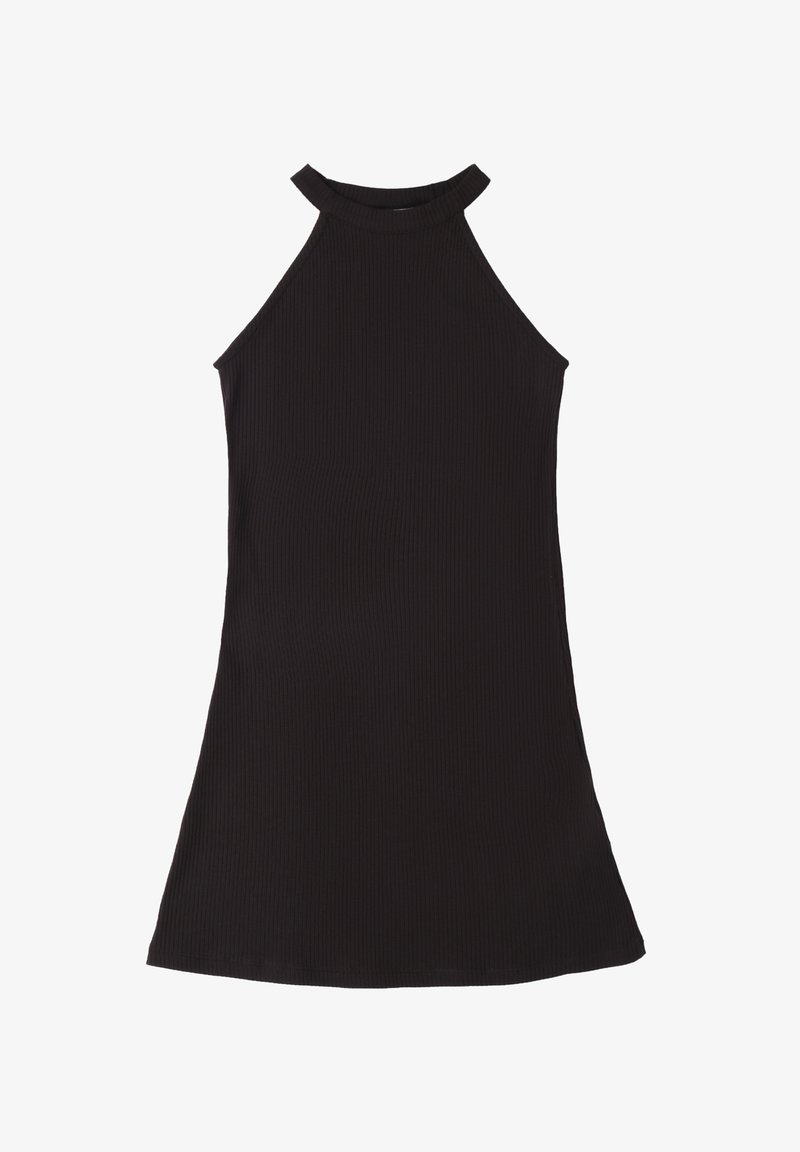 Czarna, prążkowana sukienka bez rękawów z wysokim dekoltem i rozkloszowanym dołem, charakteryzująca się gładką teksturą i dopasowanym koronką.