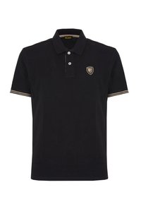 Polo shirt nero in cotone con colletto classico, due bottoni e un piccolo logo ricamato. Presenta strisce a contrasto sulle maniche.