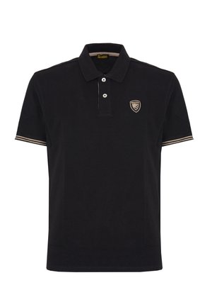 Polo shirt nero in cotone con colletto classico, due bottoni e un piccolo logo ricamato. Presenta strisce a contrasto sulle maniche.