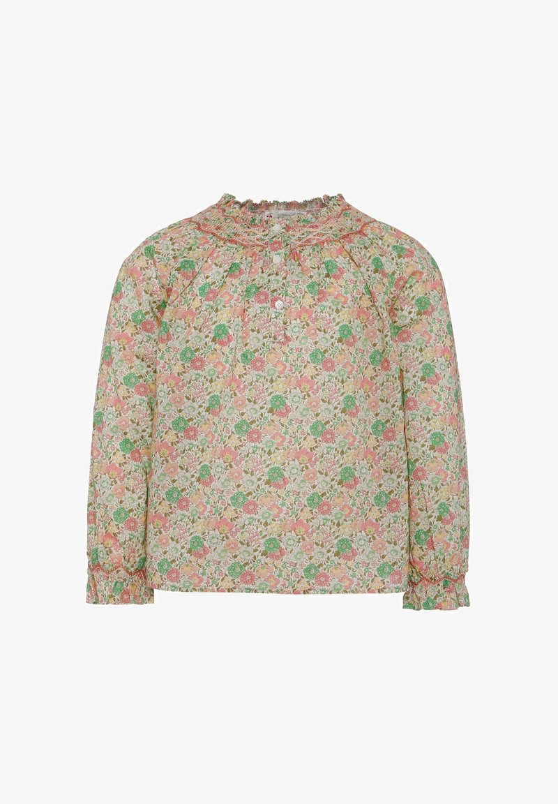 Blusa floreale con maniche lunghe, scollo arricciato e polsini arricciati. Presenta un motivo di fiori rosa, verdi e bianchi su sfondo crema.