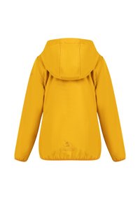 Žlutá lehká bunda s kapucí, s hladkým materiálem, elastickými manžetami a detailem loga blízko spodního lemu.