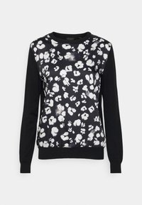Černý svetr s dlouhým rukávem s bílým a šedým abstraktním květinovým vzorem na přední straně a jednobarevnými černými rukávy a zadní částí.