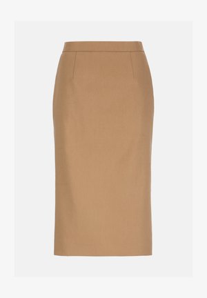 Beige knee-length pencil skirt with a fitted waist, tailored seams, and a straight hem on a plain background.