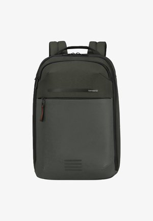 Zaino Samsonite grigio scuro con spallacci imbottiti, maniglia superiore, tasca anteriore con zip e logo del marchio discreto.