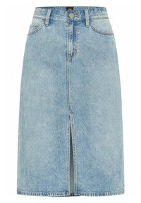 Světle modrá džínsová sukně s předním rozparkem. Má klasický pas, pět kapes a kontrastní prošívání po celém obvodu.