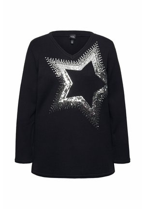 Maglione lungo nero a maniche lunghe con lavorazione a maglia testurizzata, caratterizzato da un grande motivo a stella in paillettes argentate sul davanti e un scollo a V.