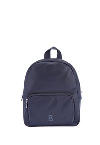Sac à dos en nylon bleu marine avec une forme arrondie, poche zippée à l'avant et poignée supérieure. Présente un logo discret sur le devant et une texture lisse.