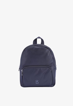 Zaino in nylon blu navy con forma arrotondata, tasca frontale con zip e maniglia superiore. Presenta un logo sottile sulla parte anteriore e una texture liscia.
