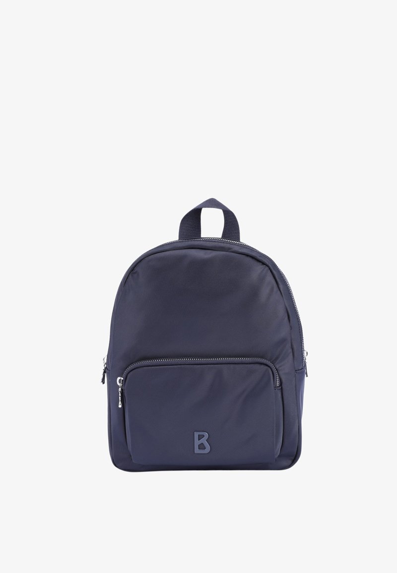 Námorně modrý nylonový batoh s kulatým tvarem, přední kapsou na zip a horním madlem. Obsahuje jemné logo na přední straně a hladký povrch.