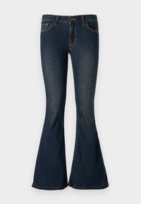 Σκοτεινές μπλε φαρδιές τζιν παντελόνες με απαλή υφή, που διαθέτουν μπροστινές τσέπες, κλείσιμο με κουμπί και αντίθετη πορτοκαλί ραφή κατά μήκος των ραφών.