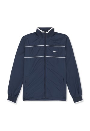 Granatowa kurtka zapinana na zamek marki FILA z białymi lamówkami na wysokości klatki piersiowej i kołnierza, elastycznymi mankietami oraz kieszeniami po bokach.
