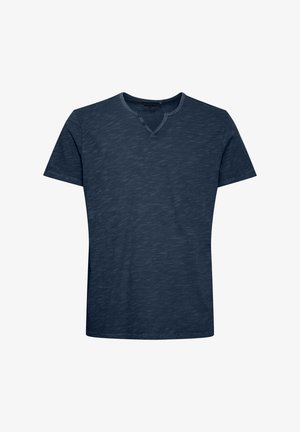 Temno modra kratka majica s kratkimi rokavi, izdelana iz teksturirane tkanine, z V-izrezom in dvema gumboma ter sproščenim krojem.
