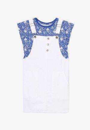 Abito da salopette in denim bianco con motivo floreale blu, maniche corte, dettagli in hardware argentato e due tasche frontali.