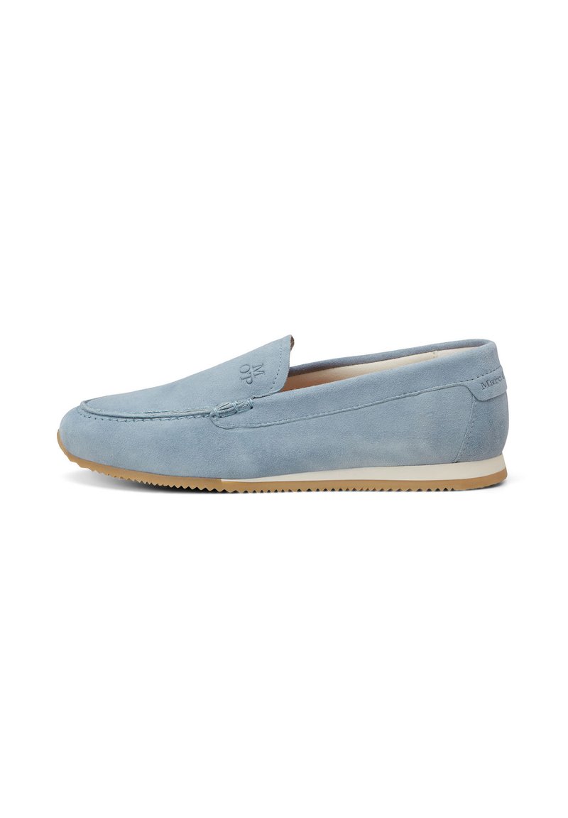 Light blue suede loafers with a closed toe, low-profile design, contrasting beige rubber sole, and subtle branding detail on the heel.