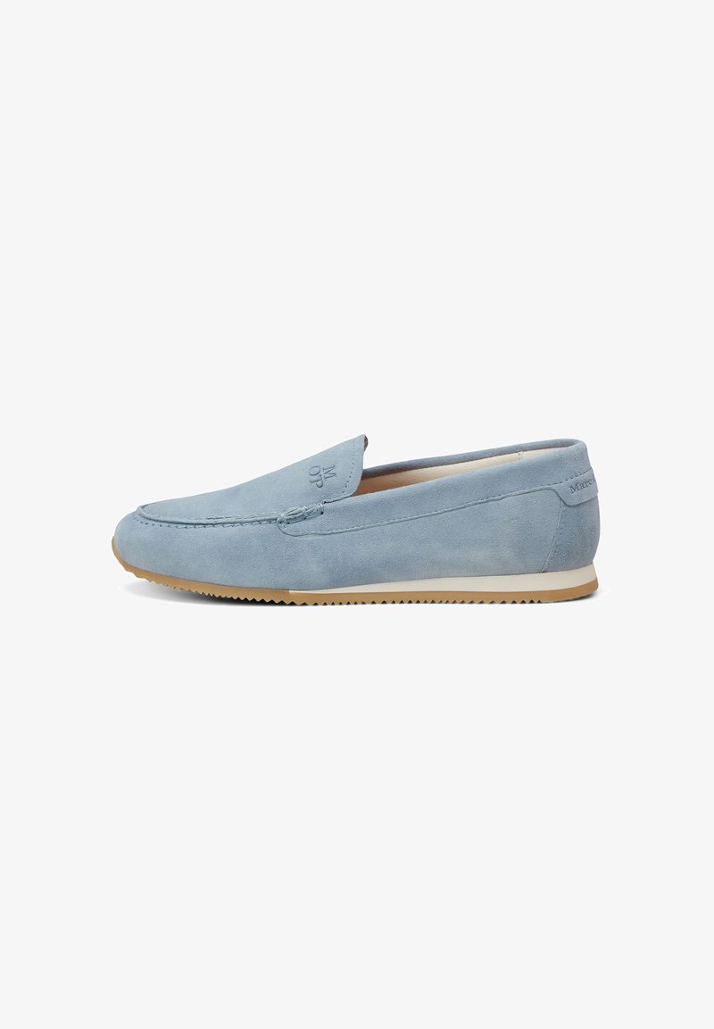 Light blue suede loafers with a closed toe, low-profile design, contrasting beige rubber sole, and subtle branding detail on the heel.