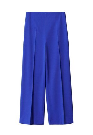 Pantalones de pernera ancha en azul con textura suave, pliegues delanteros y cintura de talle medio. Confeccionados en tela ligera.