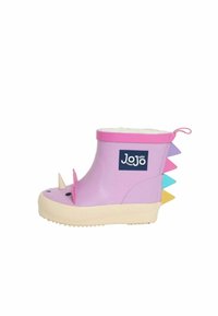 Violeta gumijas zābaks ar bēšu zoli, baltu oderi, izteiktu ragu un spike aizmugurē, kā arī zilu logotipu sānos.