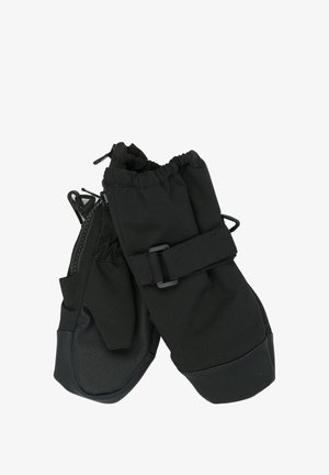 Black winter gloves with a textured leather palm, soft fabric body, adjustable strap, and zipper closure for convenience.