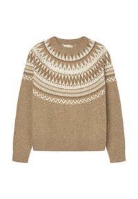 Beige Strickpullover mit weißen und dunkler beige geometrischen Mustern rund um die Passe und Ärmel, mit einem runden Halsausschnitt und gerippten Bündchen.