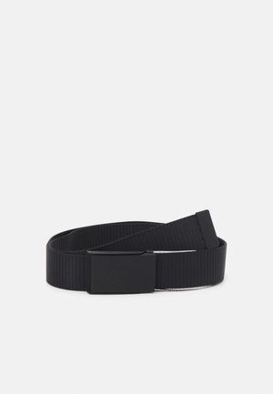 Black, woven fabric belt with a matte black plastic buckle. Features a flat, smooth texture and a simple design without embellishments.