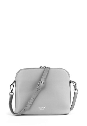 Gray leather crossbody bag with a smooth texture, zip closure, adjustable strap, and silver hardware. Features a logo on the front.