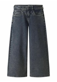 Vidbuksa mørkeblå denimjeans med front- og myntlommer, knappeslukking og beltehemper på midjebåndet.