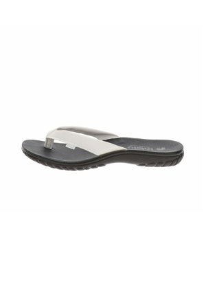 Sandale tongs noir et blanc avec semelle intérieure texturée, bride épaisse et semelle incurvée, conçue pour le confort et un usage décontracté.