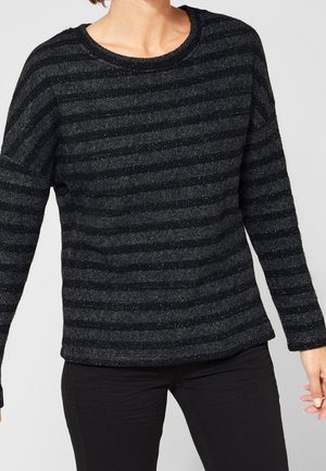 Schwarzer und grauer gestreifter Pullover mit langen Ärmeln, einem runden Ausschnitt und einer strukturierten Oberfläche mit dezenten Glitzerelementen.