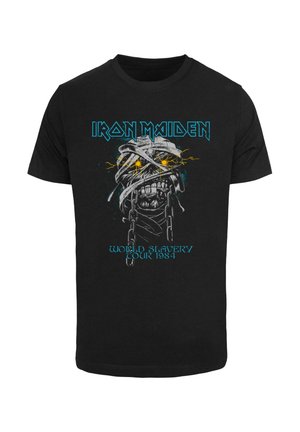 Juodas medvilninis marškinėlis su grafiniu dizainu, vaizduojančiu kaukolę, apsuptą tvarsčių, pabrėžta geltonais žaibais, o viršuje yra tekstas "Iron Maiden".