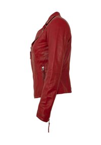 Rote Lederjacke mit tailliertem Design, mit Reißverschlusstaschen und einem Kragen. Verfügt über eine glatte Textur und maßgeschneiderte Form, mit Reißverschlüssen an den Manschetten.